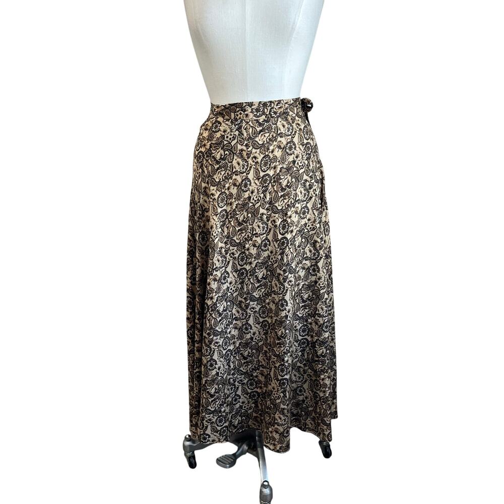 FUDA 100% Silk Wrap Maxi Skirt Brown Paisley Print Size Small